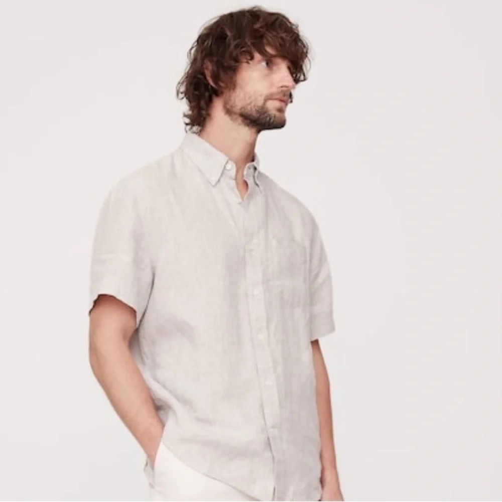 NWT Banana Republic Standard Fit Linen Short Sleeve Natural Beige Sz L/T